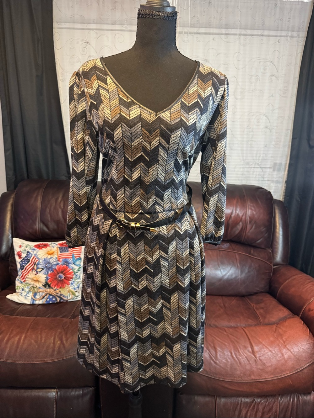 I.N. Studio Black and Gold Chevron V-Neck Knit Dress